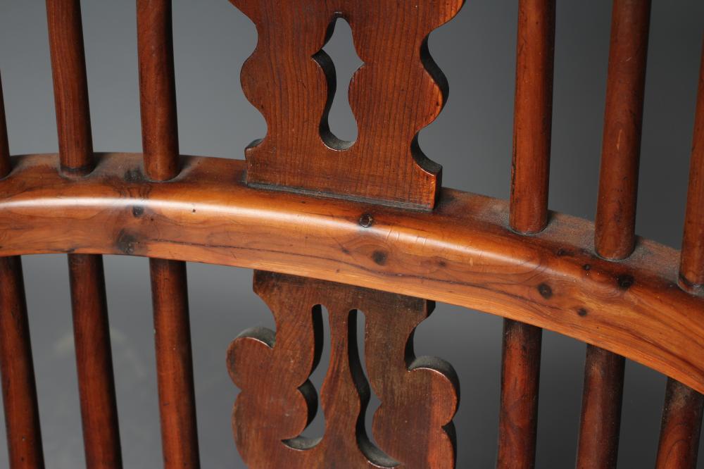 A YORKSHIRE YEW HIGH BACK WINDSOR ARMCHAIR, late 19th century, the hooped back with shaped and - Image 6 of 6