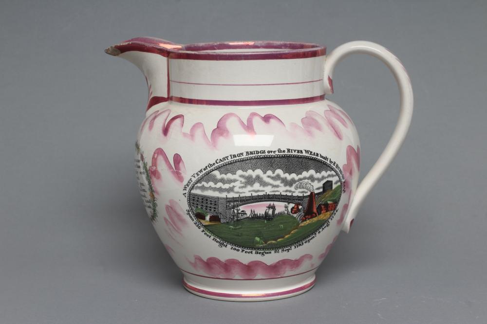 A SUNDERLAND PINK LUSTRE POTTERY DUTCH JUG, c.1796, printed in black with "West View of the Cast - Image 4 of 6