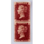 1864 1d RED PLATE 225 PAIR MINT (perforation fault and both stamps have significant creasing) (