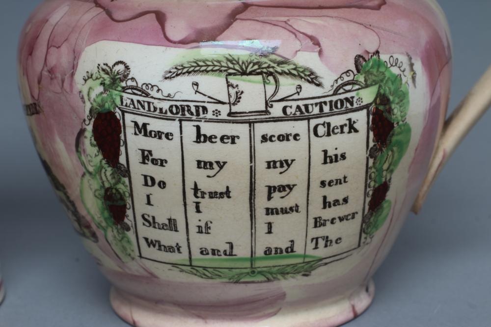 A SUNDERLAND PINK SPLASH LUSTRE POTTERY DUTCH JUG, c.1800, printed in black with the "Landlord's - Image 2 of 21