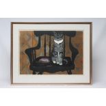 SHEILA ROBINSON (1925-1988) " Bib Cat on a Chair", linocut in colours, signed in pencil, and dated