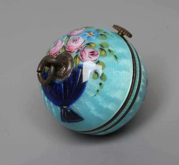 A LADY'S SILVER AND ENAMEL PENDANT BALL WATCH, the silvered dial with black Arabic numerals, the - Image 3 of 4