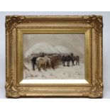 JOSEPH DENOVAN ADAM Snr. RSA RSW (Canadian 1841-1896) Ponies Sheltering From a Blizzard, oil on