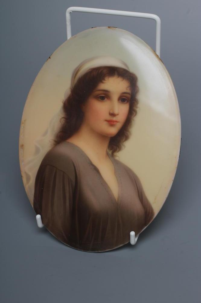 AN AUSTRIAN PORCELAIN OVAL PLAQUE, late 19th century, painted in polychrome enamels with a bust - Image 3 of 4