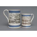 OF RAILWAY INTEREST - two graduated pearlware mugs, probably Leeds c.1860, of cylindrical form