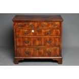 A GEORGIAN YEW VENEERED STRAIGHT FRONT CHEST, early to mid 18th century, the quarter veneered and