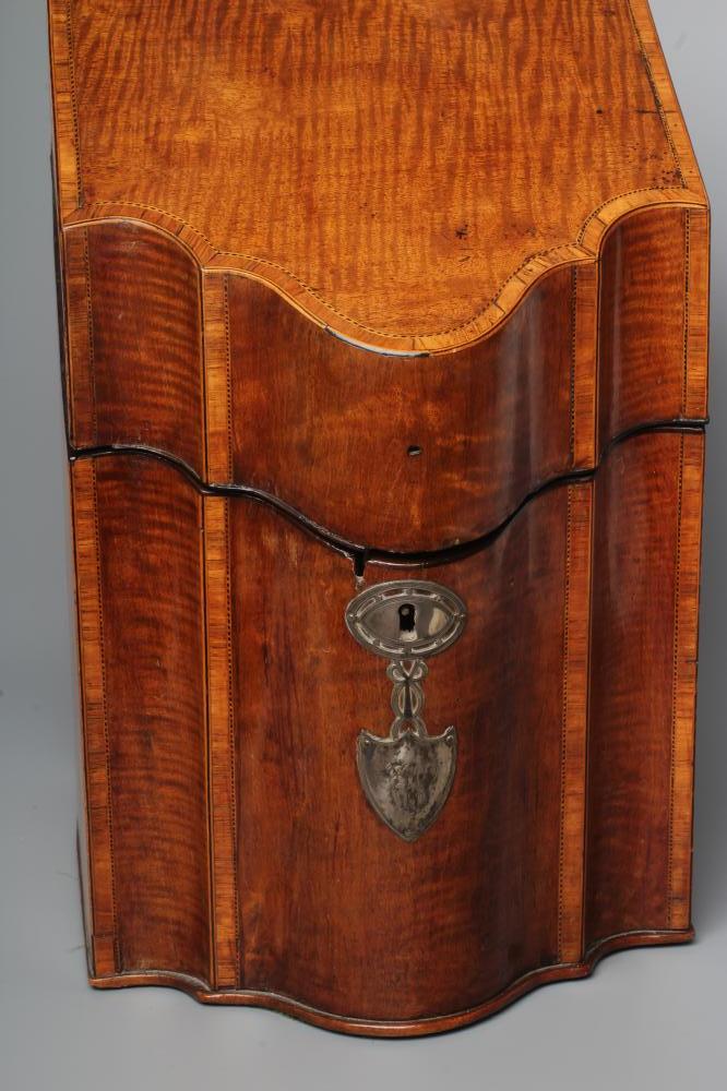 A GEORGIAN MAHOGANY KNIFE BOX, late 18th century, of oblong serpentine form with satinwood banding - Image 2 of 4