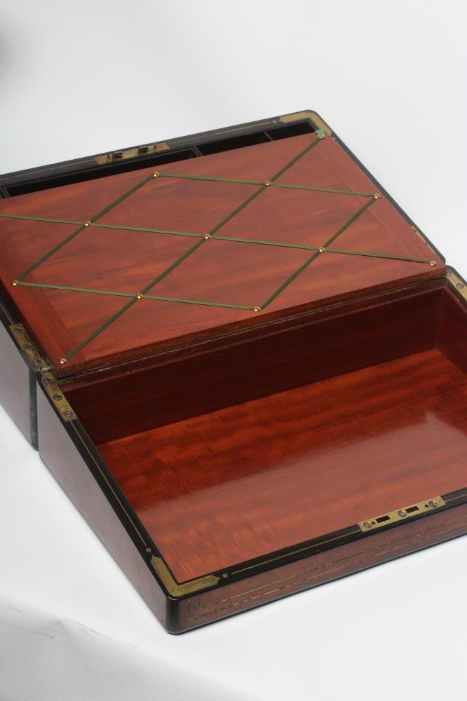 A VICTORIAN MAHOGANY AND BRASS BOUND LAP DESK, the lid inset with brass shield inscribed "Charles - Image 9 of 27