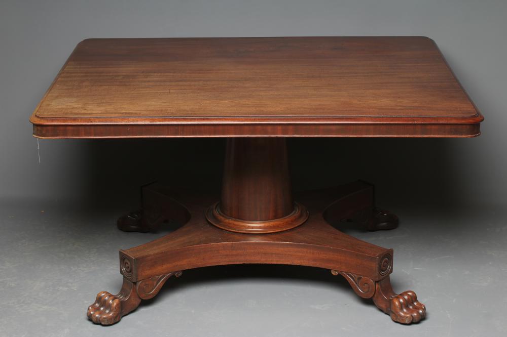 A LATE GEORGIAN MAHOGANY BREAKFAST TABLE, second quarter 19th century, the rounded oblong tilt top