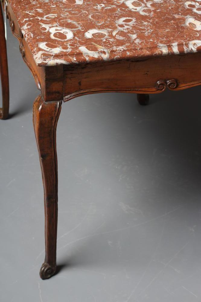 A FRENCH PROVINCIAL WALNUT CENTRE TABLE, 18th century, the oblong rouge royal marble top on scroll - Image 4 of 4