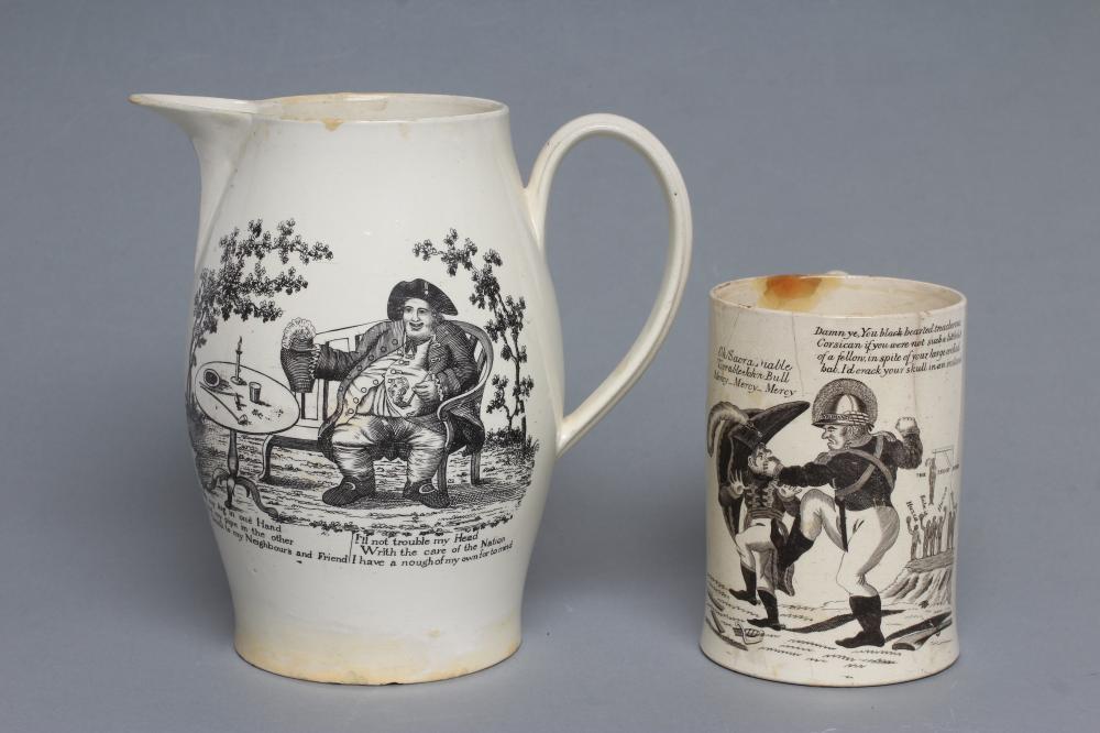 OF NAPOLEONIC INTEREST - a creamware mug, probably Leeds c.1810, printed in black with John Bull