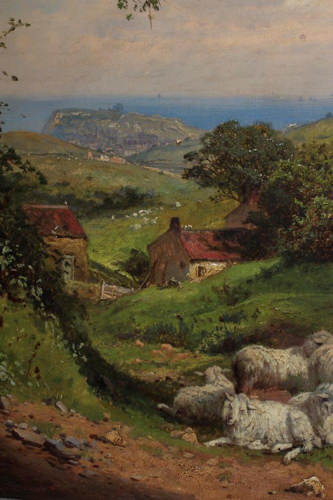 EDWARD HENRY HOLDER (1847-1922) Coastal Landscape with Whitby in the Distance, Sheep in the - Image 3 of 8