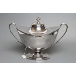 AN EPNS SOUP TUREEN AND COVER, early 20th century, of oval form with reeded loop handles on a