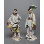 TWO MEISSEN PORCELAIN CHINOISERIE FIGURES, late 19th century, modelled as a gentleman holding a