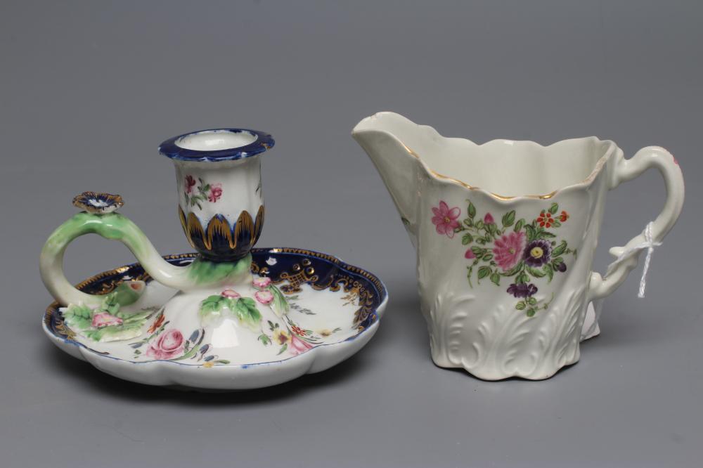 A CHELSEA PORCELAIN CHAMBERSTICK, c.1770, of dished lobed circular form with tulip socket issuing