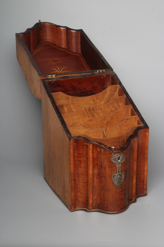 A GEORGIAN MAHOGANY KNIFE BOX, late 18th century, of oblong serpentine form with satinwood banding - Image 3 of 4