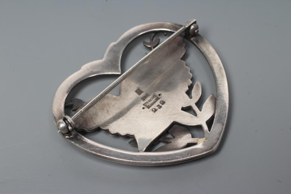 A GEORG JENSEN SILVER HEART SHAPED BROOCH designed by Arno Malinowski with a dove and olive - Image 2 of 2