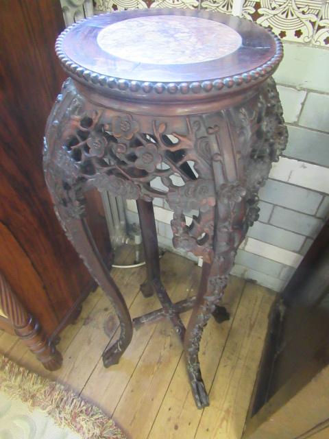 A CHINESE HARDWOOD JARDINIERE STAND, c.1900, the beaded edge circular top with veined red marble - Image 3 of 10