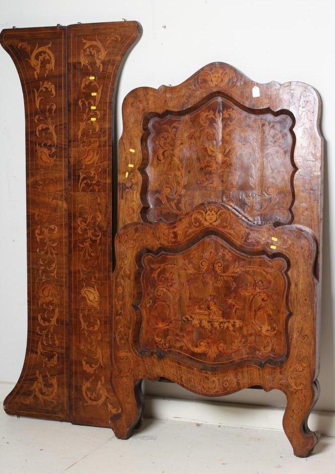 A DUTCH WALNUT AND FLORAL MARQUETRY SINGLE BEDSTEAD, 19th century, the arched wavy panelled head and