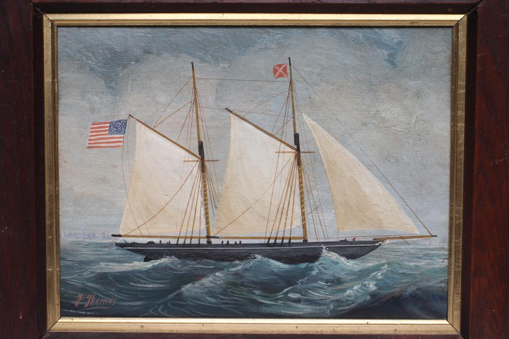 AMERICAN PRIMITIVE SCHOOL (19th century) Portrait of a Twin Masted Ship, oil on board, signed F. - Image 2 of 4