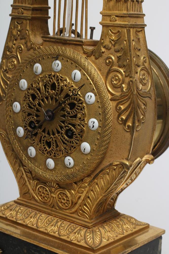 A LOUIS XVI STYLE GILT METAL LYRE MANTEL CLOCK, mid 19th century, the twin barrel movement with - Image 2 of 6