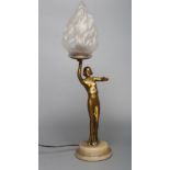 AN ART DECO BRONZED SPELTER FIGURAL ELECTRIC LAMP BASE modelled as a young lady with shingled