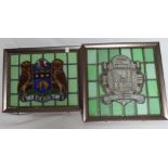 A STAINED GLASS PANEL DEPICTING THE ARMS OF THE CITY OF LEEDS, 20th century, within a plain green