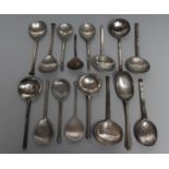 EIGHT VARIOUS SLIP TOP PEWTER SPOONS, 17th century and later, with fig bowls, 6" - 7" long,