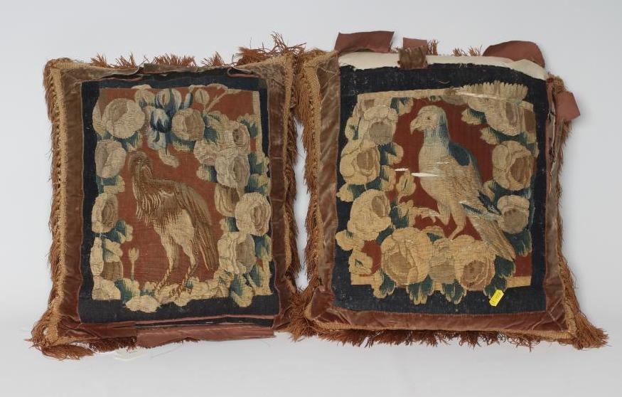 TWO TAPESTRY PANELS, 17th century, both woven in coloured wool with an exotic bird within a