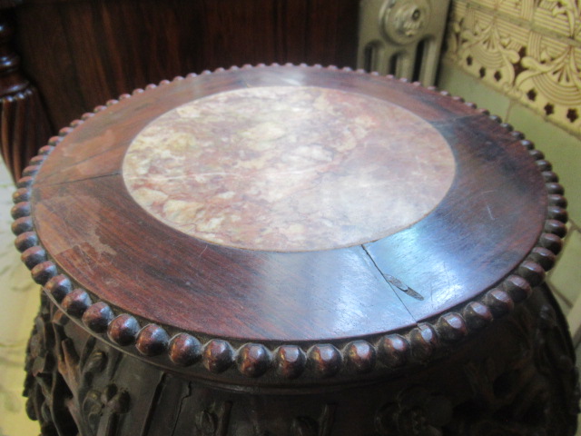 A CHINESE HARDWOOD JARDINIERE STAND, c.1900, the beaded edge circular top with veined red marble - Image 5 of 10