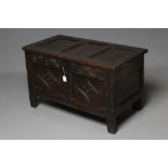 A JOINED OAK PANELLED COFFER, early 18th century, the triple panel lid opening to interior with till