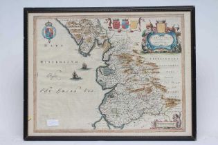 JOHANNES BLAEU (1650-1712) "Lancastria", hand coloured engraved map, 1667 edition, with figural