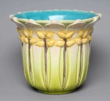 A BURMANTOFTS FAIENCE JARDINIERE, early 20th century, of cylindrical form with lobed rim, moulded in