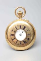 A LATE VICTORIAN 18CT GOLD TOP WIND HALF HUNTER POCKET WATCH, the white dial with black Roman