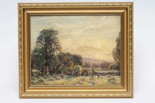 Y HERBERT F. ROYLE (1870-1958) "Hay Harvesting in Wharfedale", oil on board, signed, inscribed label