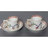 TWO MARCOLINI MEISSEN PORCELAIN CANS AND SAUCERS, late 18th century, painted in polychrome enamels