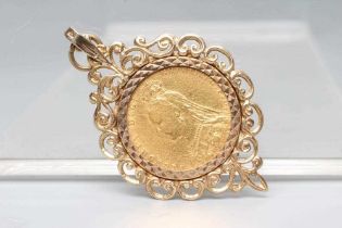 A VICTORIA J.H. SOVEREIGN, 1888, in a 9ct gold loose pendant mount, London 1974, 13.6g (Est. plus