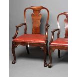 A SET OF FIVE (4 +1) MUNICIPAL LARGE OAK ELBOW CHAIRS, including a throne chair, c.1900, in the