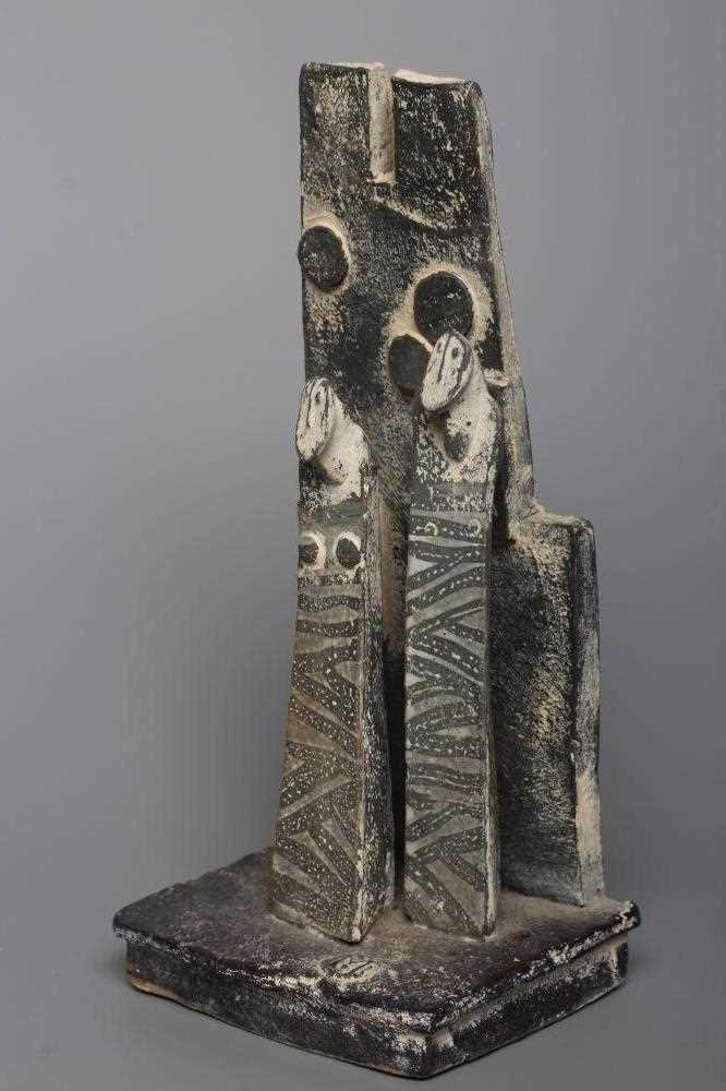 Y JOHN MALTBY (1936-2000) - a matt grey stoneware sculpture of two figures standing before a cut - Image 2 of 16