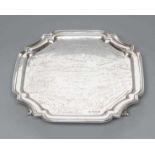 A SMALL SILVER SALVER, maker Viners, Sheffield 1959, of shaped square form with canted re-entrant