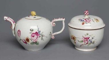 A HOCHST PORCELAIN TEAPOT AND COVER, c.1760, of globular form with scroll handle and mask spout,