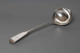 A LATE GEORGE III SILVER SOUP LADLE, maker's mark GB, London 1819, in Fiddle pattern, engraved "