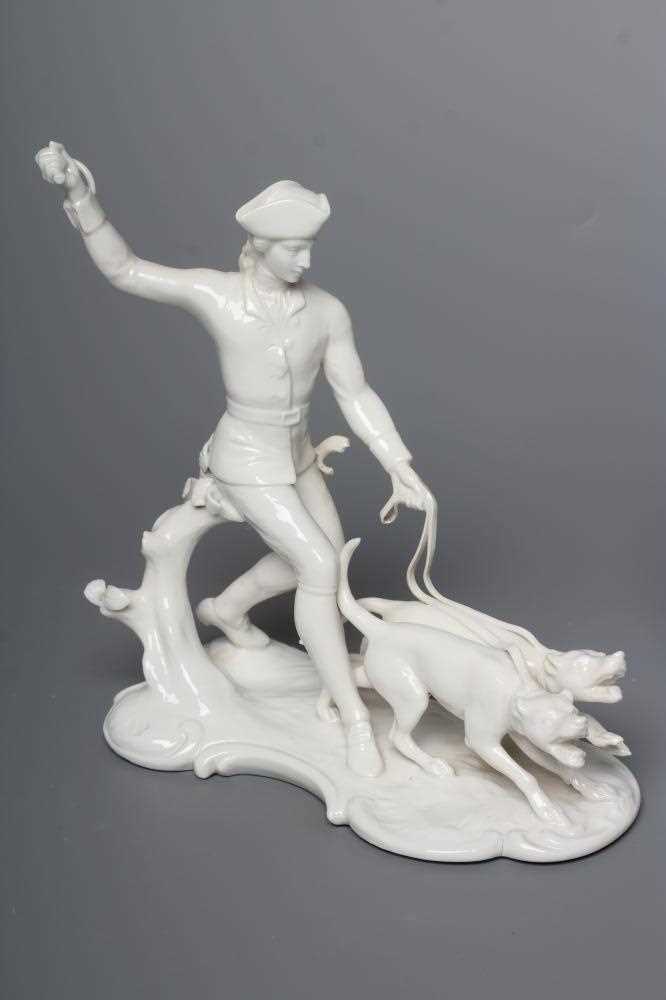 TWO NYMPHENBURG BLANC-DE-CHINE PORCELAIN "FRANKENTHAL HUNT" FIGURES, early 20th century, one - Image 2 of 6
