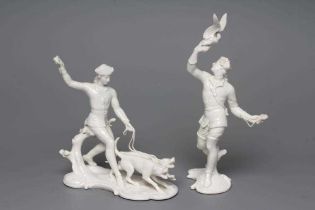 TWO NYMPHENBURG BLANC-DE-CHINE PORCELAIN "FRANKENTHAL HUNT" FIGURES, early 20th century, one