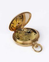 A LATE VICTORIAN 18CT GOLD MINUTE REPEATER HUNTER TOP WIND POCKET WATCH, the white dial with black