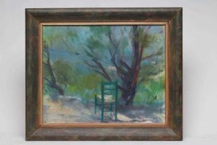 Y GYORGY GORDON (Hungarian 1924-2005) Green Chair near a Tree, oil on canvas, signed with initials