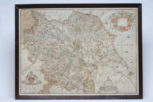 CHRISTOPHER SAXTON (1540-1610) "EBORACENSIS", hand coloured engraved map with decorative