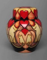 A MOORCROFT POTTERY PURRING PATTERN SMALL GINGER JAR AND COVER, 2017, of ovoid form, tubelined and