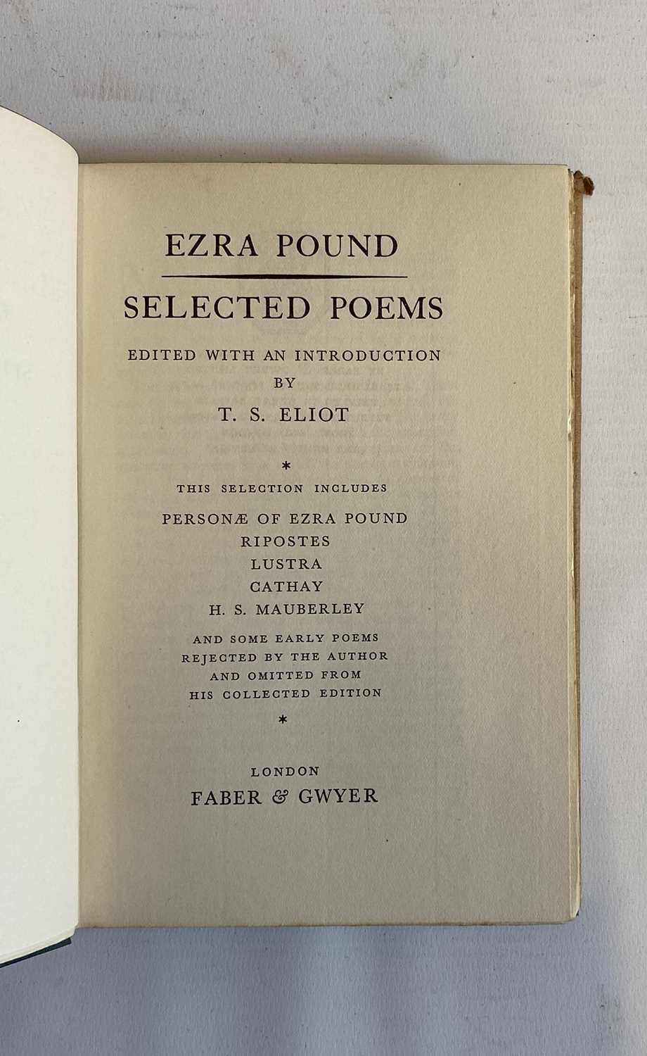 EZRA POUND, SELECTED POEMS, edited by T S Eliot, 1928, Faber and Gwyer, Very good in a fair, torn - Image 2 of 9