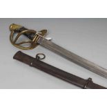 A FRENCH M1822 LIGHT CAVALRY SABRE with 35 1/2" curved blade, brass hilt, ribbed leather grip and